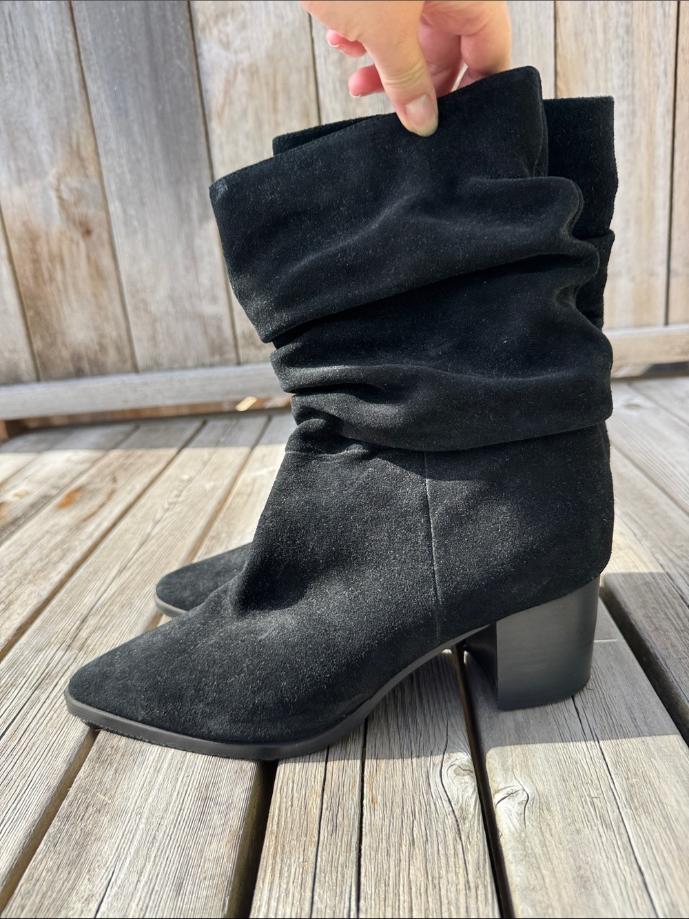 Blondo Waterproof Black Suede Slouchy Mid-Heel Boots